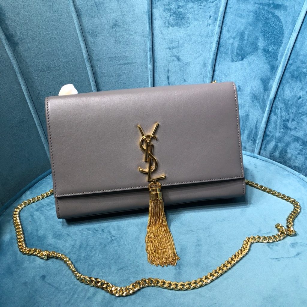 Saint Laurent Kate Medium Chain Bag With Tassel In Grain De Poudre Grey For Women 9.4in/24cm YSL