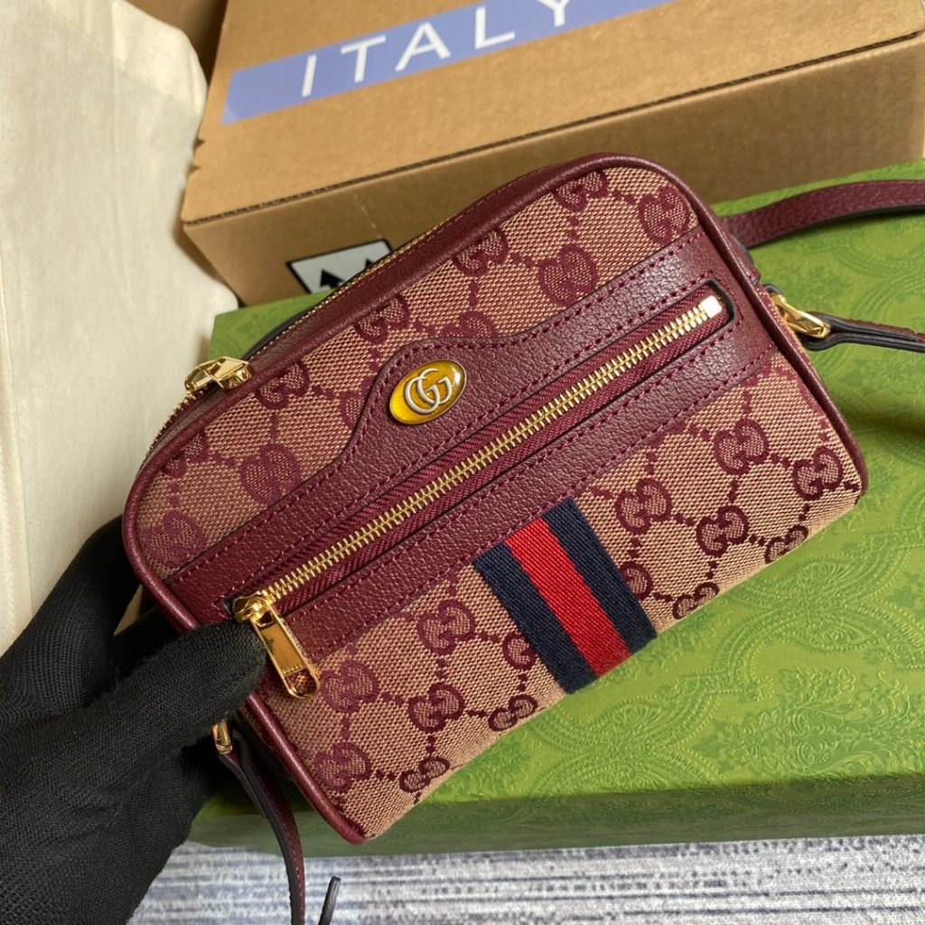 Gucci Ophidia Mini GG Bag Beige And Burgundy GG Supreme Canvas For Women  7in/17.5cm GG 517350-9Y9MS-9864