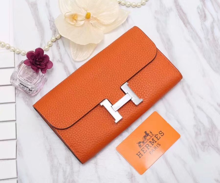 Hermes Constance Togo Long Wallet 20cm/7.9in Gold Toned Hardware For Women Orange