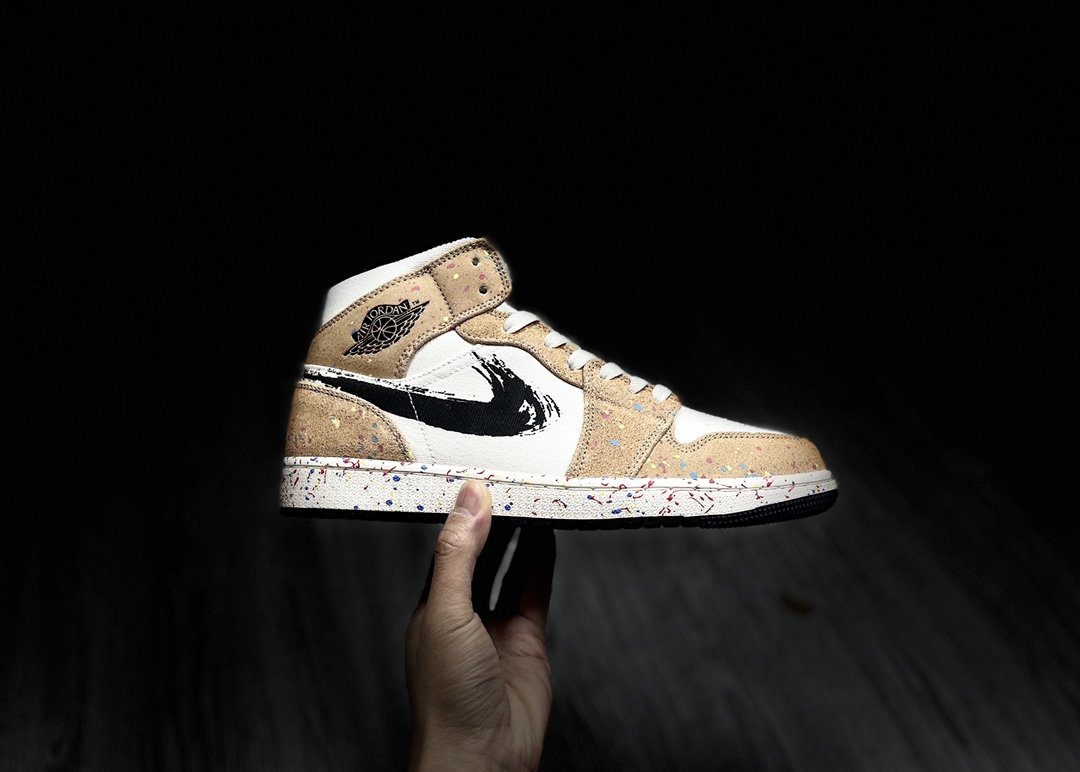 Nike Air Jordan 1 Mid Beige With “Brushstroke” Sneaker For Women,Women’s Shoes