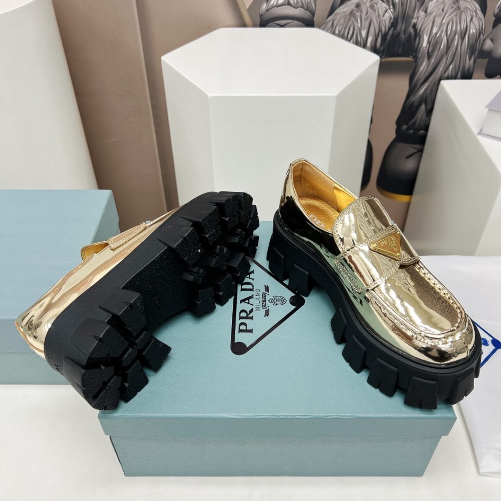 Prada Monolith Ombré Brushed Loafers Gold Tone For Women 2.1 in/ 5.5cm