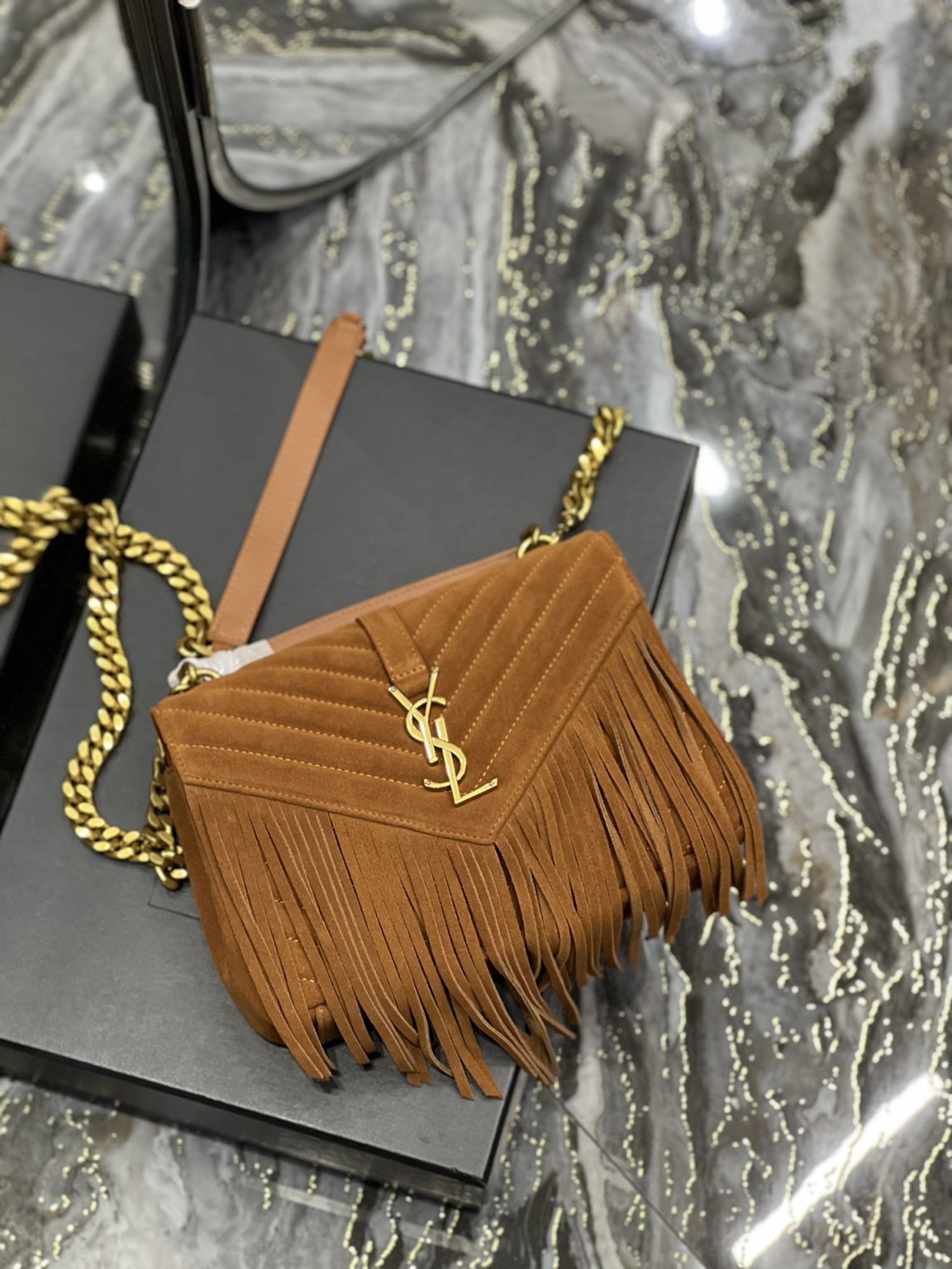 Saint Laurent Frosted Belt Fringe Perennial Messenger Bag Brown For Women, Women’s Bags 9.4in/24cm YSL