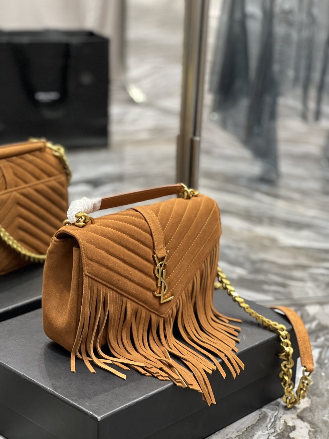 Saint Laurent Frosted Belt Fringe Perennial Messenger Bag Brown For Women, Women’s Bags 9.4in/24cm YSL