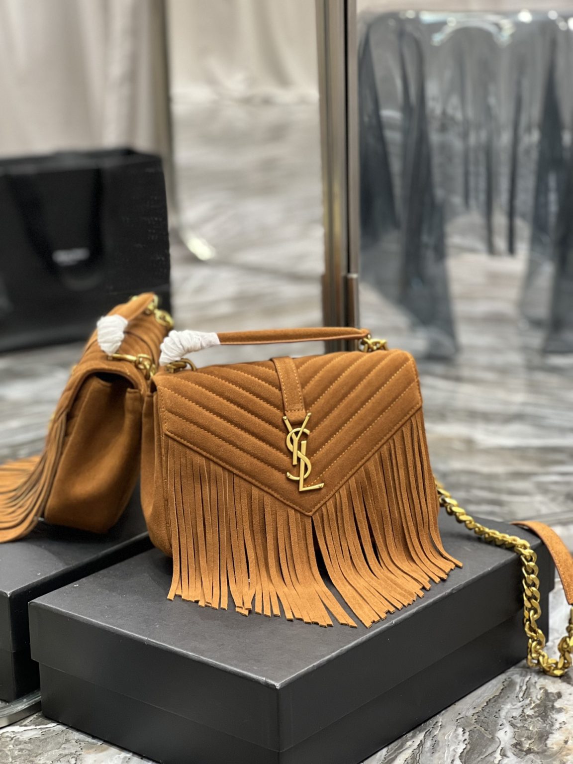 Saint Laurent Frosted Belt Fringe Perennial Messenger Bag Brown For Women, Women’s Bags 9.4in/24cm YSL