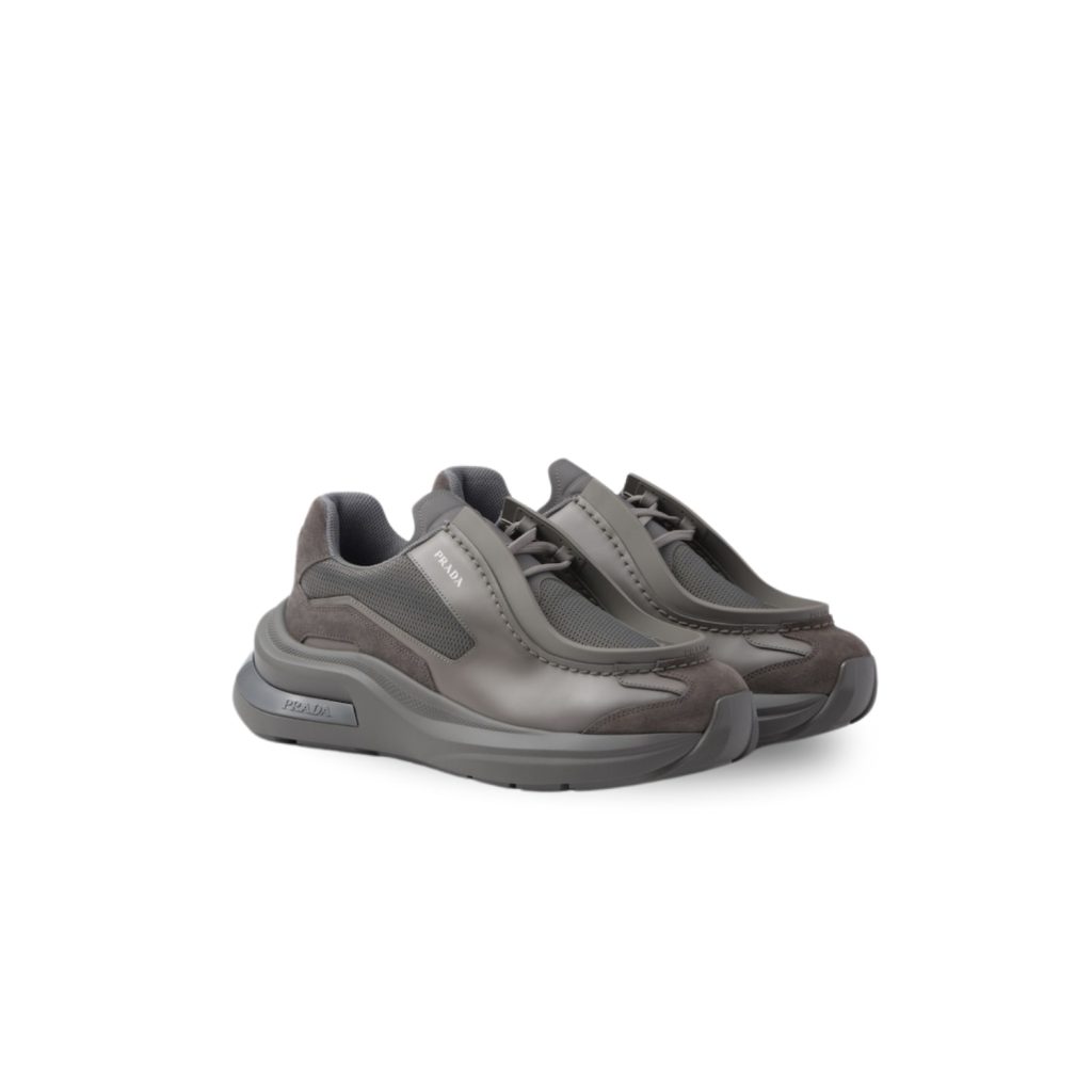 Prada Systeme Brushed Leather Sneakers With Bike Fabric And Suede Marble Gray For Men 2EG424_3C37_F0DWG