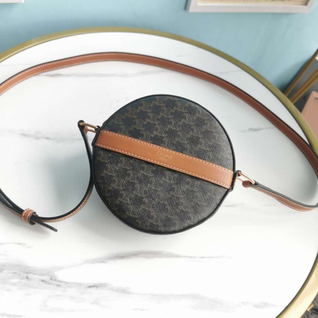 Round Purse On Strap In Triomphe Canvas White/Brown For Women‎ 5in/13.5cm