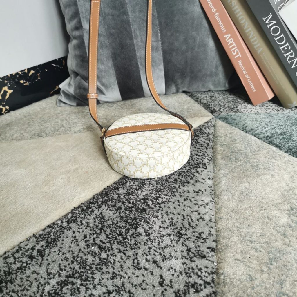 Round Purse On Strap In Triomphe Canvas White/Brown For Women‎ 5in/13.5cm