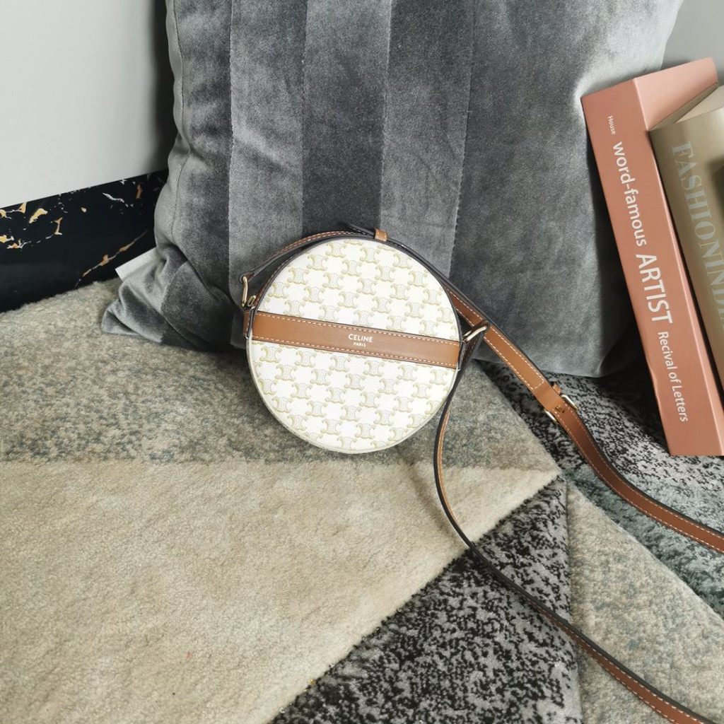 Round Purse On Strap In Triomphe Canvas White/Brown For Women‎ 5in/13.5cm