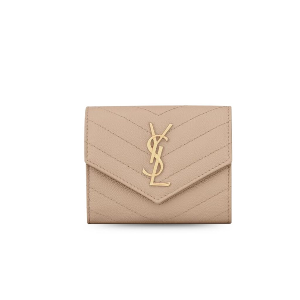 Saint Laurent Cassandre Matelaseé Compact Tri Fold Wallet Dark Beige For Women 4.9in/12.5cm 403943BOW012721 YSL