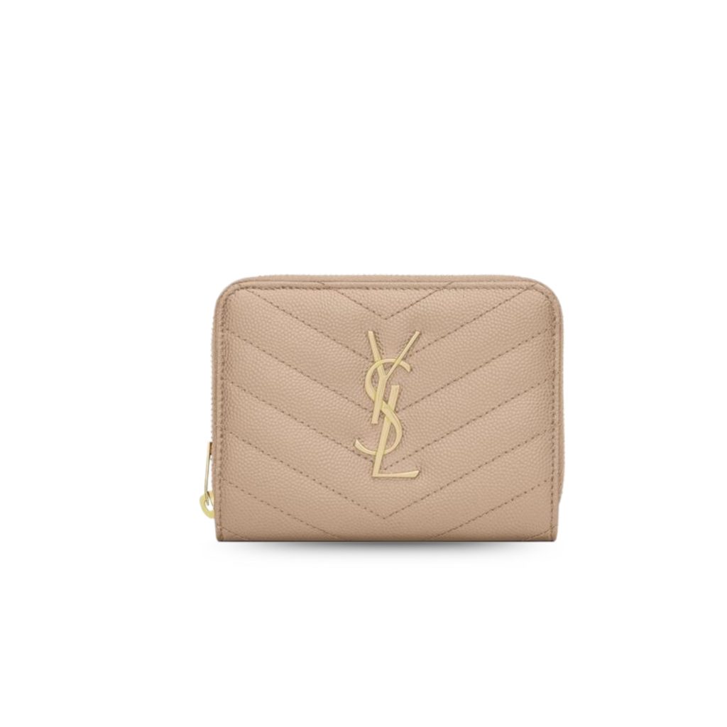 Saint Laurent Cassandre Matelaseé Compact Zip Around Wallet Dark Beige For Women 4.7in/12cm 668288BOW012721 YSL