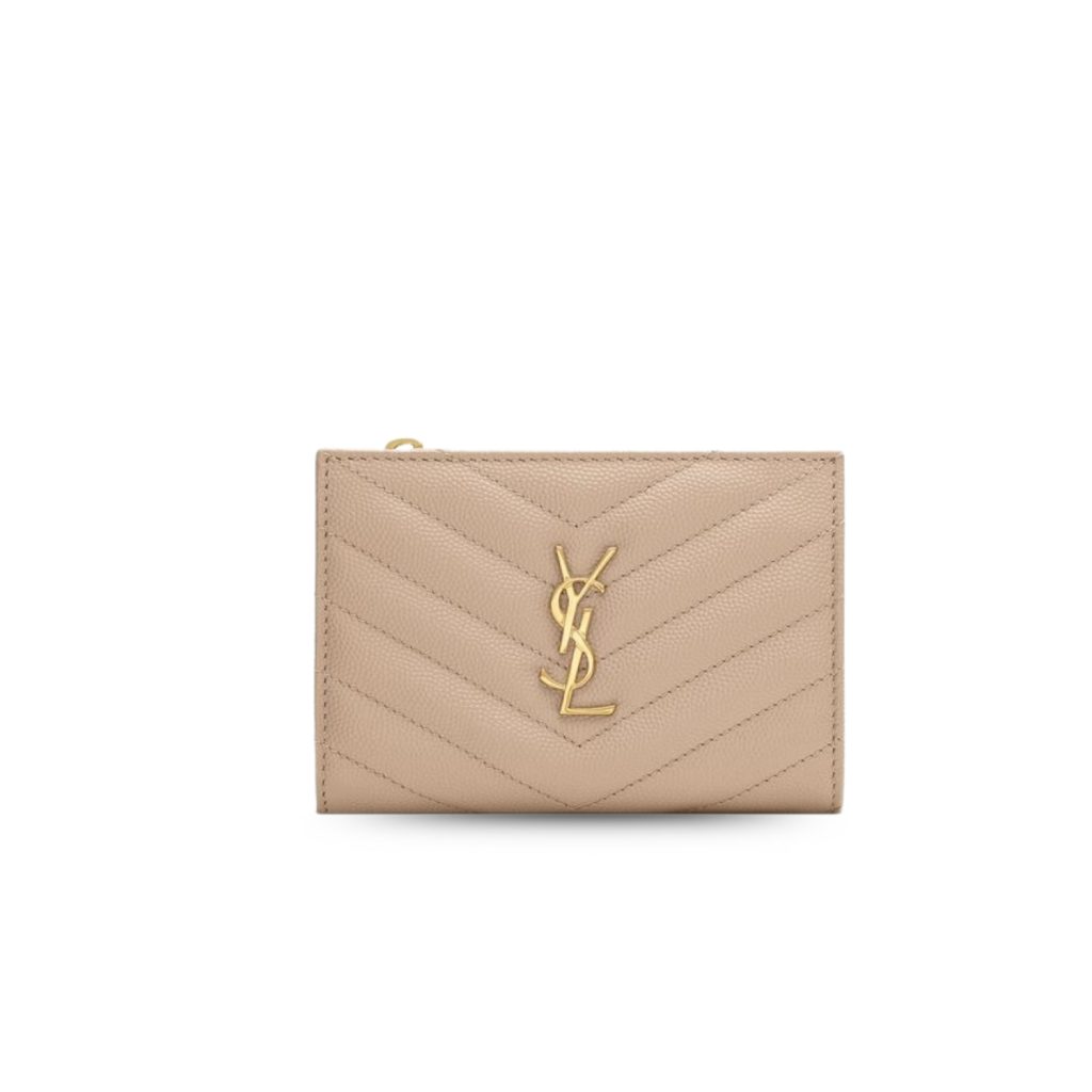 Saint Laurent Cassandre Matelaseé Fragments Bi-Fold Wallet Dark Beige For Women 5.1in/13cm 668287BOW012721 YSL