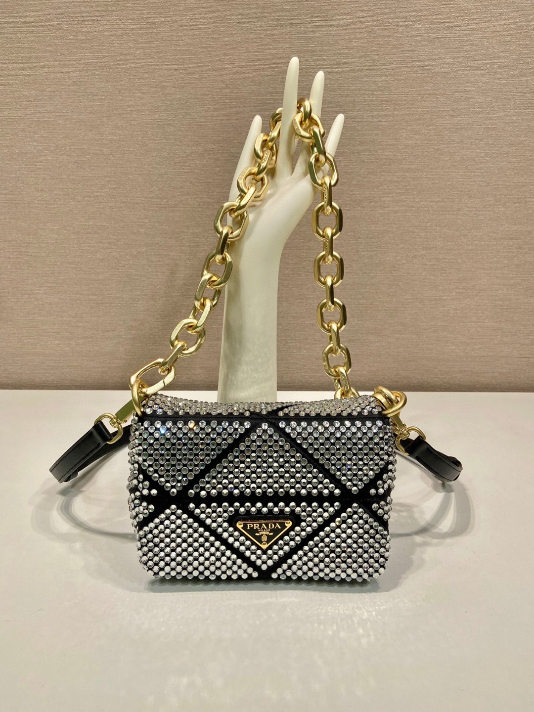 Prada Satin Mini-Bag With Crystals Gold Tone/ Sliver Tone For Women 6.7 in / 17 cm 1BD329_2AWL_F0522_V_QOO