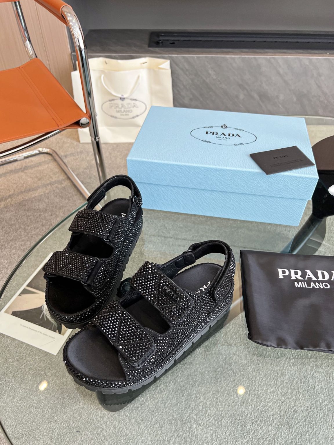 Prada Satin Sandals With Crystals Black For Women 0.8 in/ 2cm 1X013N_2AWL_F0002_F_020