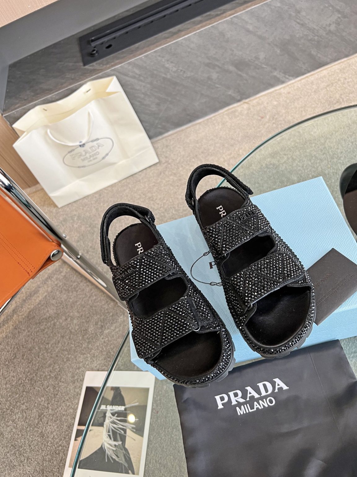 Prada Satin Sandals With Crystals Black For Women 0.8 in/ 2cm 1X013N_2AWL_F0002_F_020