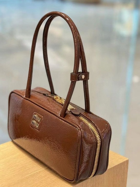 [True-to-Original] Miu Miu Patent Leather Bag Brown For Women 28cm X 12cm X 9cm