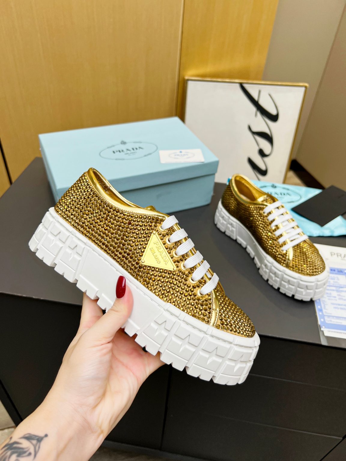 Prada Sneakers With Crystals Gold Tone For Women 1.9 in/ 5 cm 1E019N_2AWL_F0522_F_050