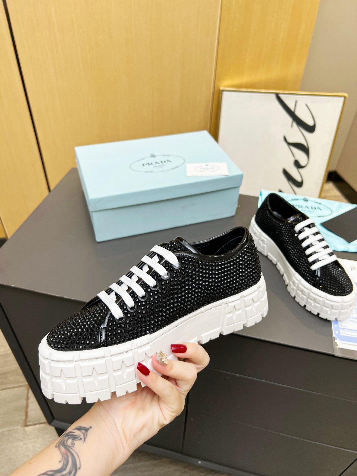 Prada Sneakers With Crystals Black For Women 1.9 in/ 5 cm