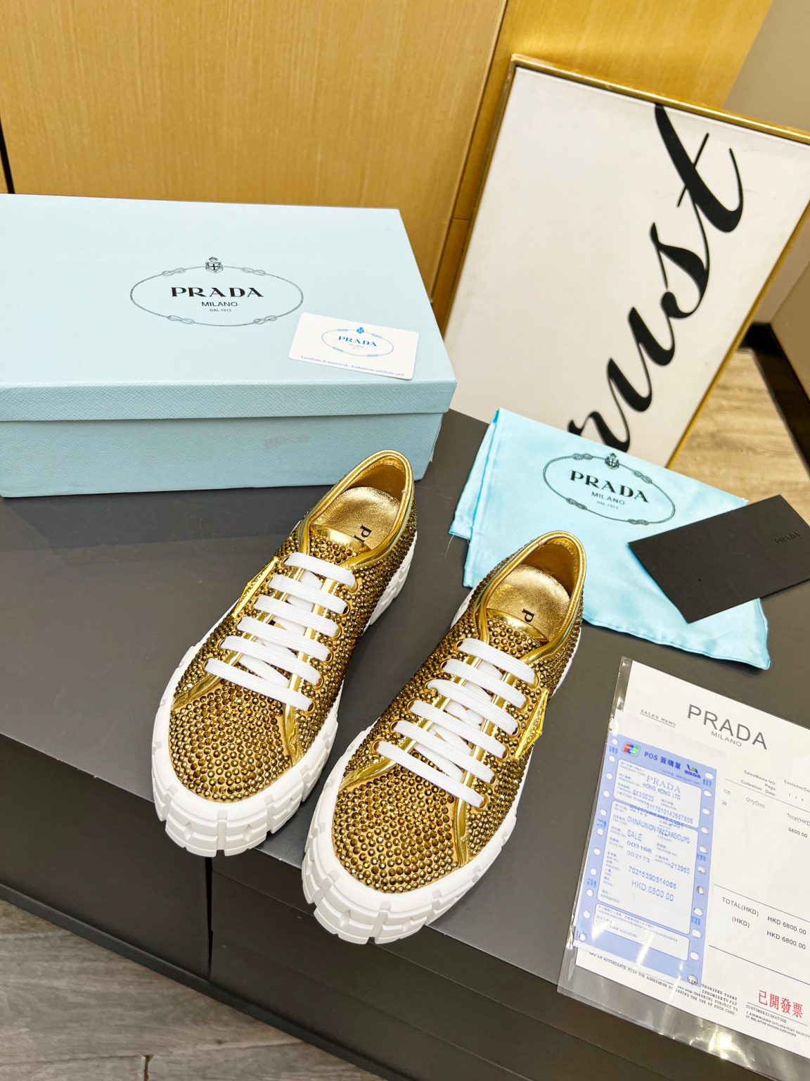 Prada Sneakers With Crystals Gold Tone For Women 1.9 in/ 5 cm 1E019N_2AWL_F0522_F_050