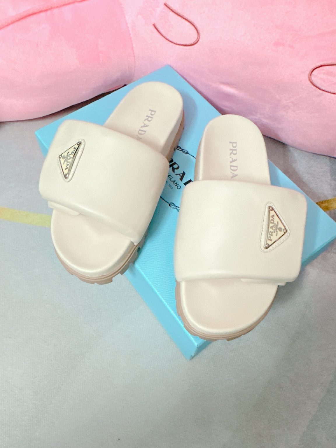 Prada Soft Padded Nappa Slides Light Beige For Women 0.8 in/ 2cm