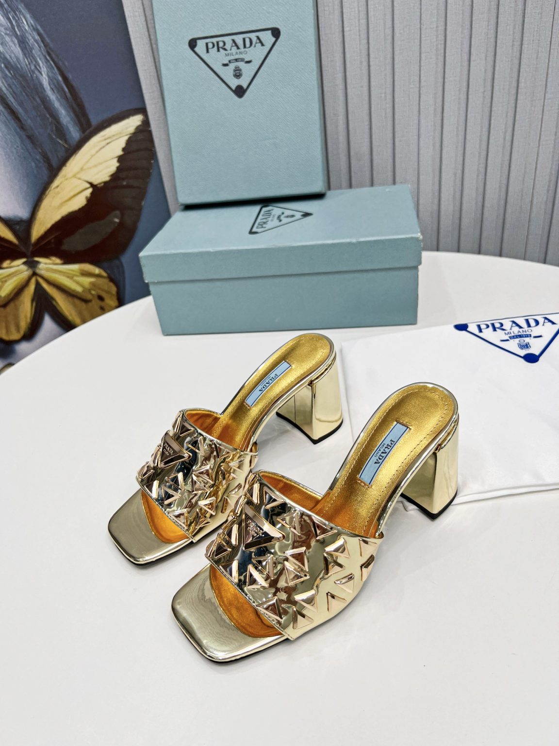 Prada Studded Metallic Mules Gold Tone For Women 2.6 in/ 6.5cm 1XX647_3LL5_F0522_F_065