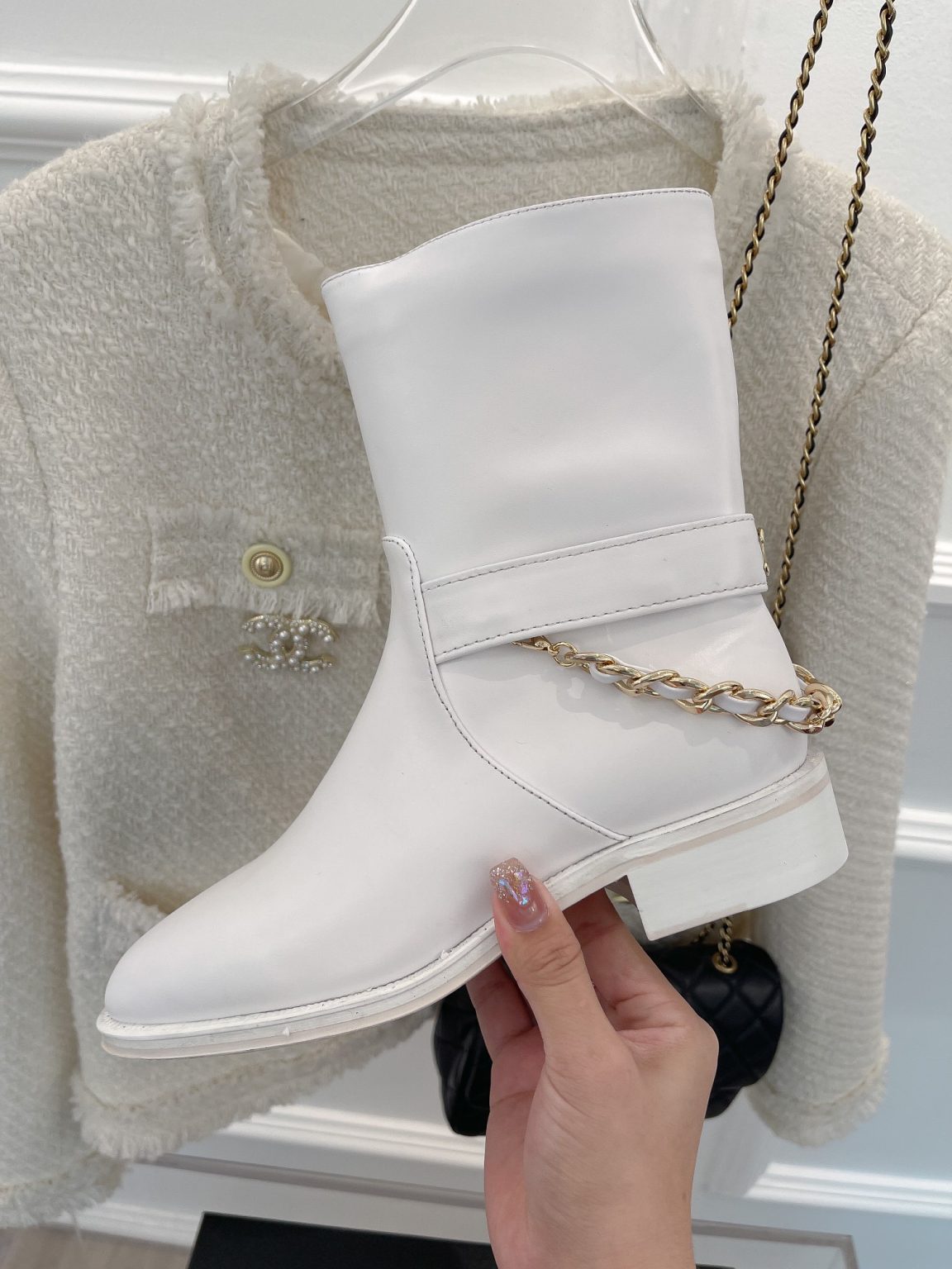 Chanel Women’s Ankle Boots With Chain White For Women 1.5in/4cm