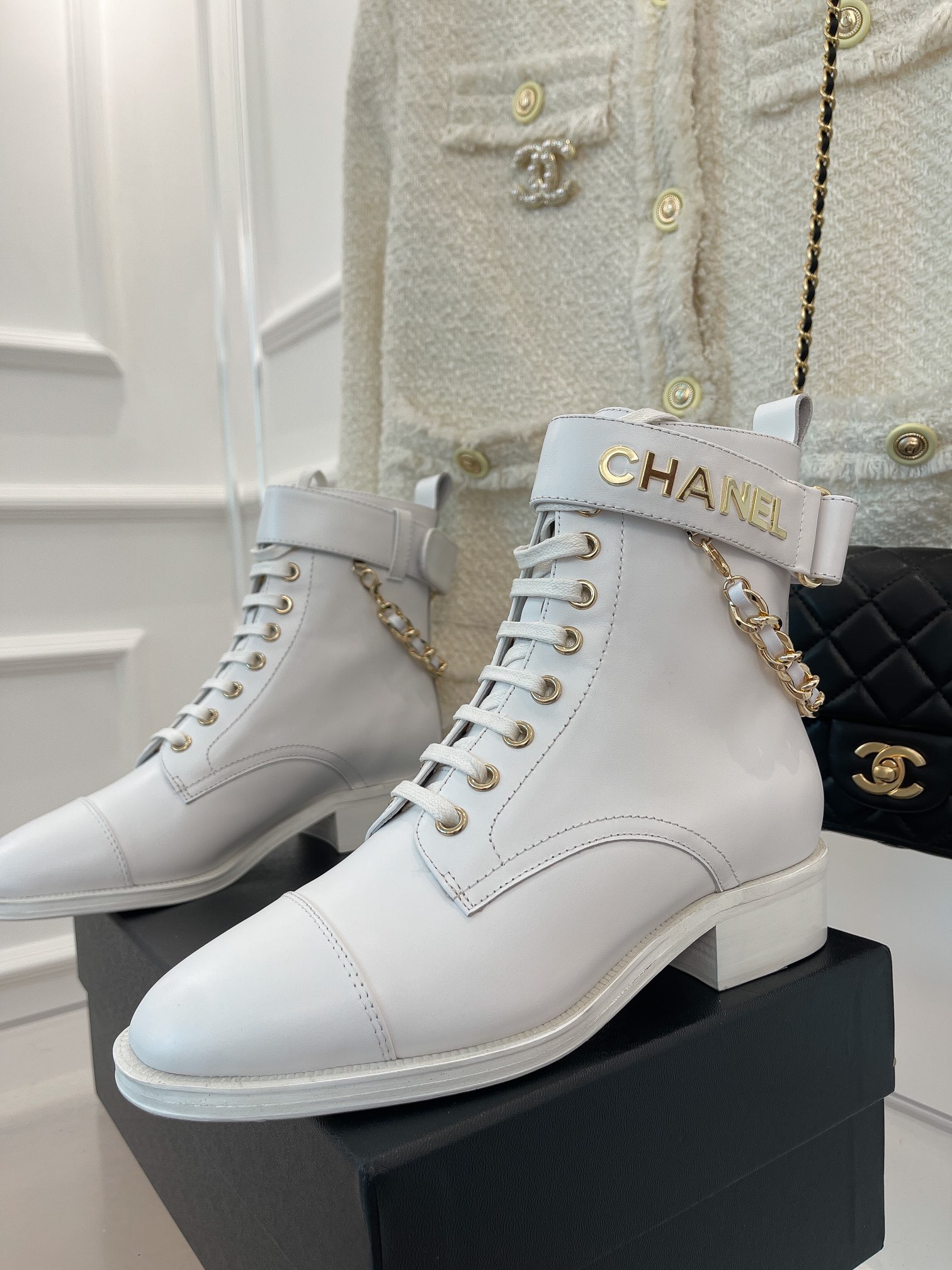 Chanel Women’s Lace-Up With Chain White For Women 1.5in/4cm