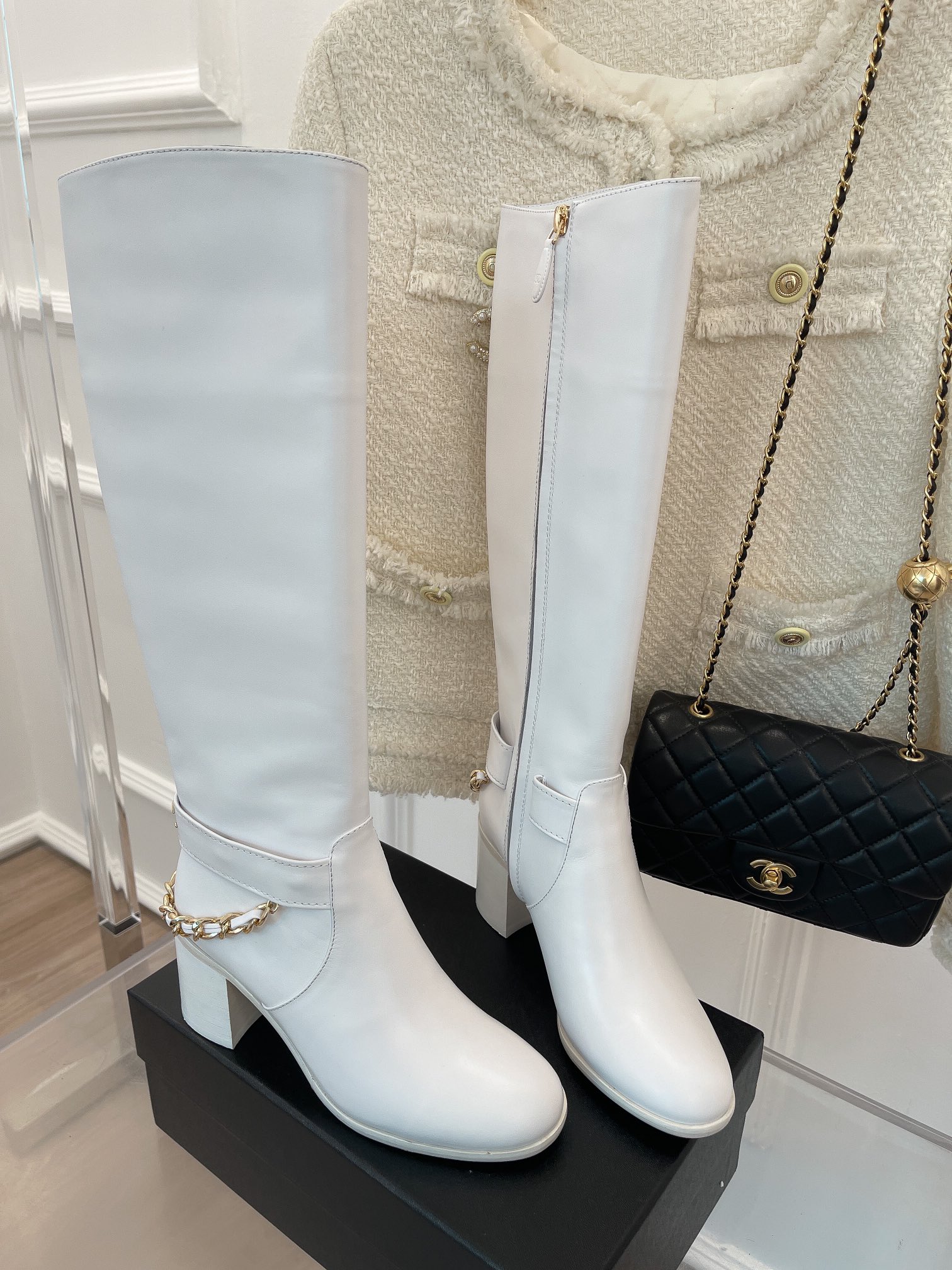 Chanel Women’s High Boots With Chain White For Women 3.7in/ 9.5cm