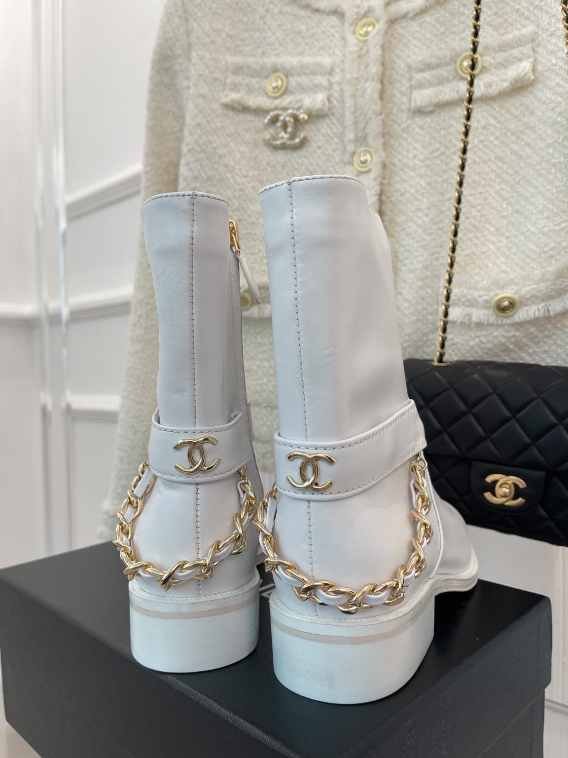 Chanel Women’s Ankle Boots With Chain White For Women 1.5in/4cm