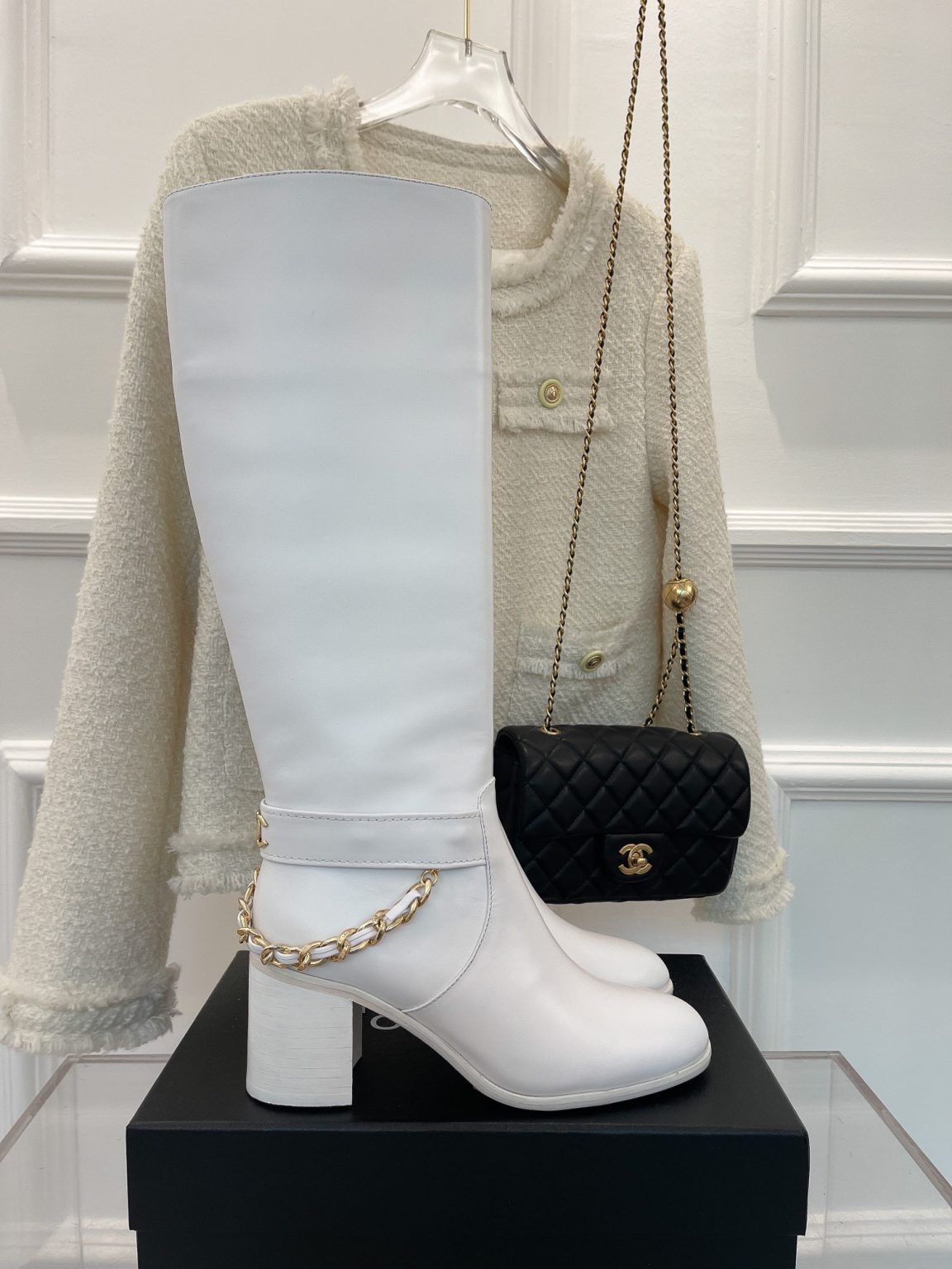 Chanel Women’s High Boots With Chain White For Women 3.7in/ 9.5cm