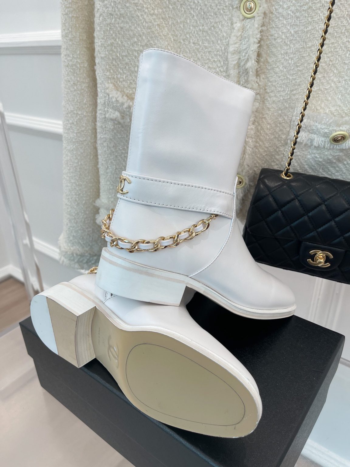 Chanel Women’s Ankle Boots With Chain White For Women 1.5in/4cm