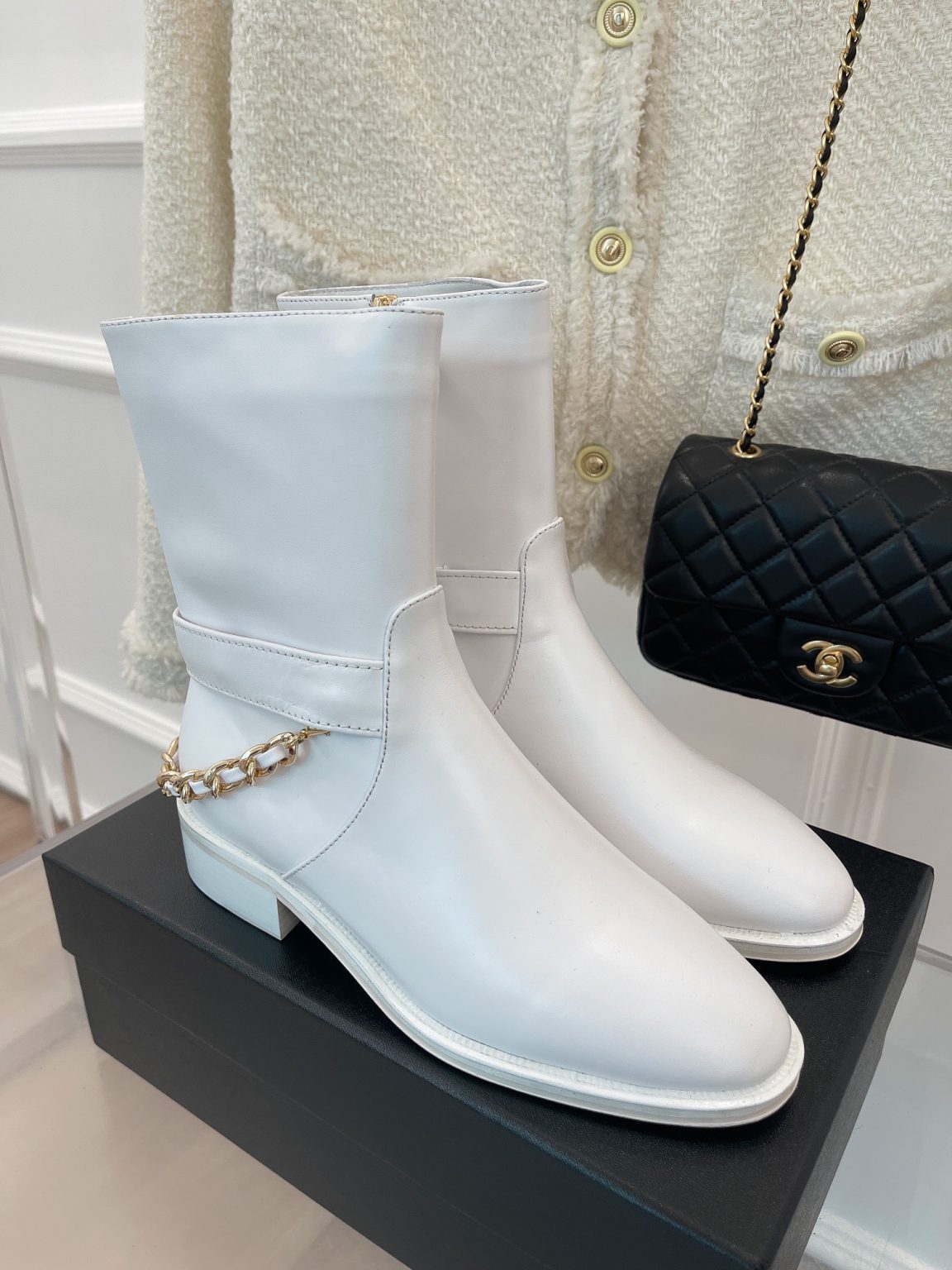 Chanel Women’s Ankle Boots With Chain White For Women 1.5in/4cm