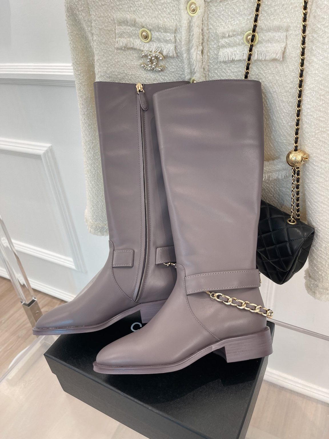 Chanel Women’s Ankle Boots With Chain Light Violet For Women 1.5in/4cm