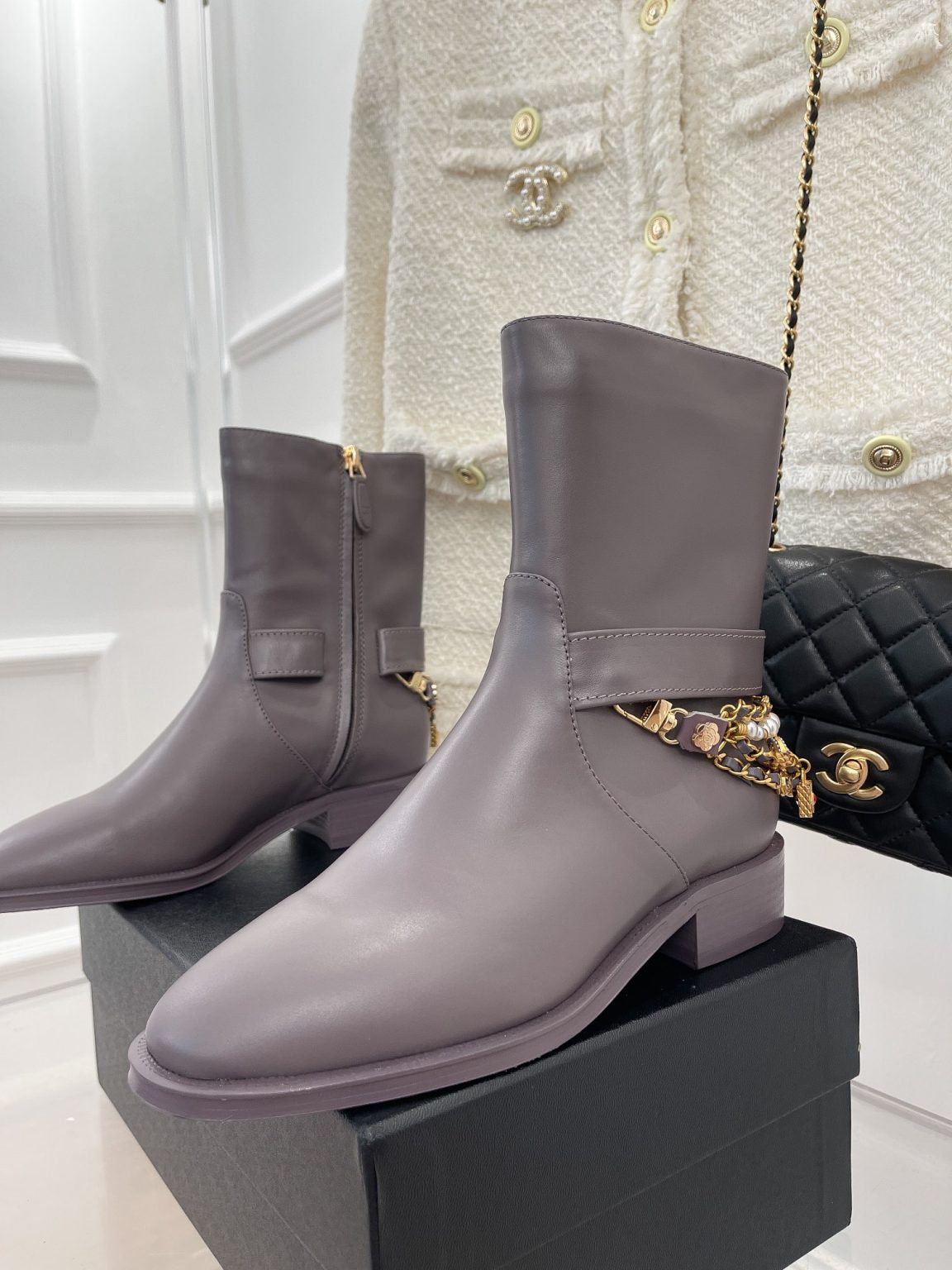 Chanel Women’s Ankle Boots With Decor Light Violet For Women 1.5in/ 4cm