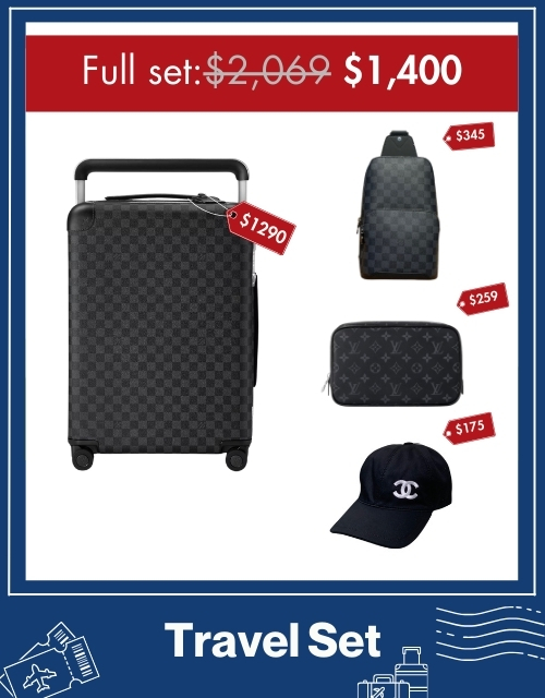 Travel Set: Louis Vuitton Horizon 55 Suitcase + Louis Vuitton Avenue Sling Bag + Louis Vuitton Toilet Pouch + Chanel Cap Black