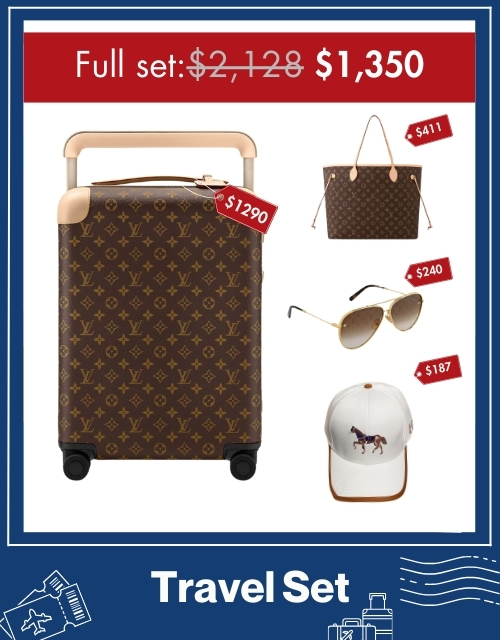 Travel Set: Louis Vuitton Horizon 50 Suitcase + Louis Vuitton Neverfull GM Tote Bag + Louis Vuitton The LV Pilot Sunglasses + Hermes Horse Cap White Hermes Cap