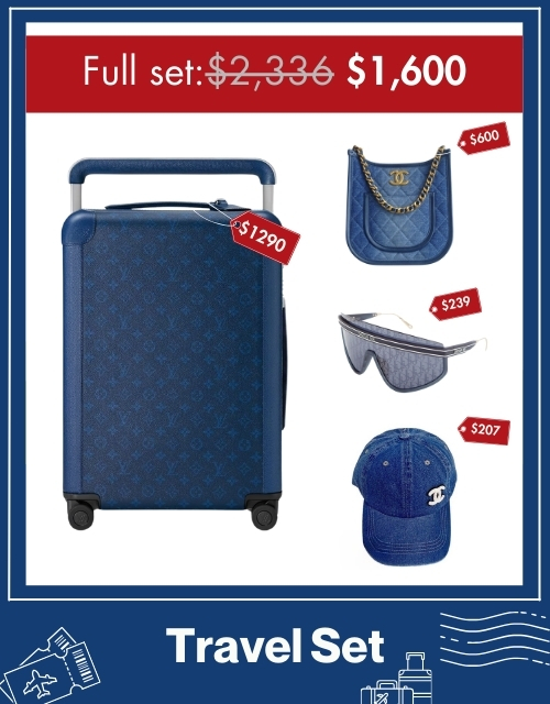 Travel Set: Louis Vuitton Horizon 55 Suitcase + Chanel 24S Denim Blue Hobo Bag + Dior Club M2U + Chanel Cap