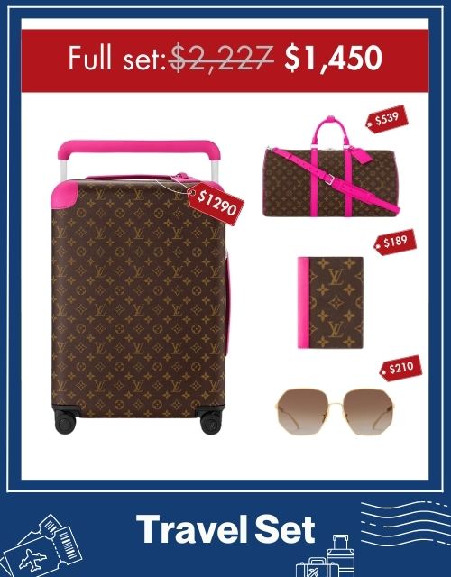 Travel Set: Louis Vuitton Horizon 55 Suitcase + Louis Vuitton Keepall Bandoulière 50 Bag + Louis Vuitton Passport Cover Wallet + LV Chain Round Sunglasses