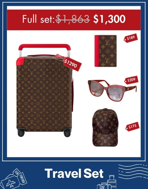 Travel Set: Louis Vuitton Horizon 55 Suitcase + Louis Vuitton Passport Cover Wallet + Chanel Squares Sunglasses + Louis Vuitton LV Get Ready Cap