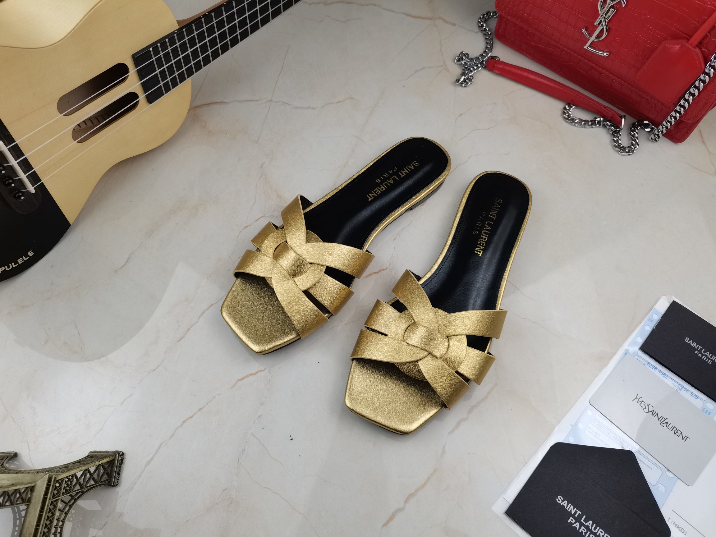 Saint Laurent Women’s Tribute Flat Mules Gold For Women YSL