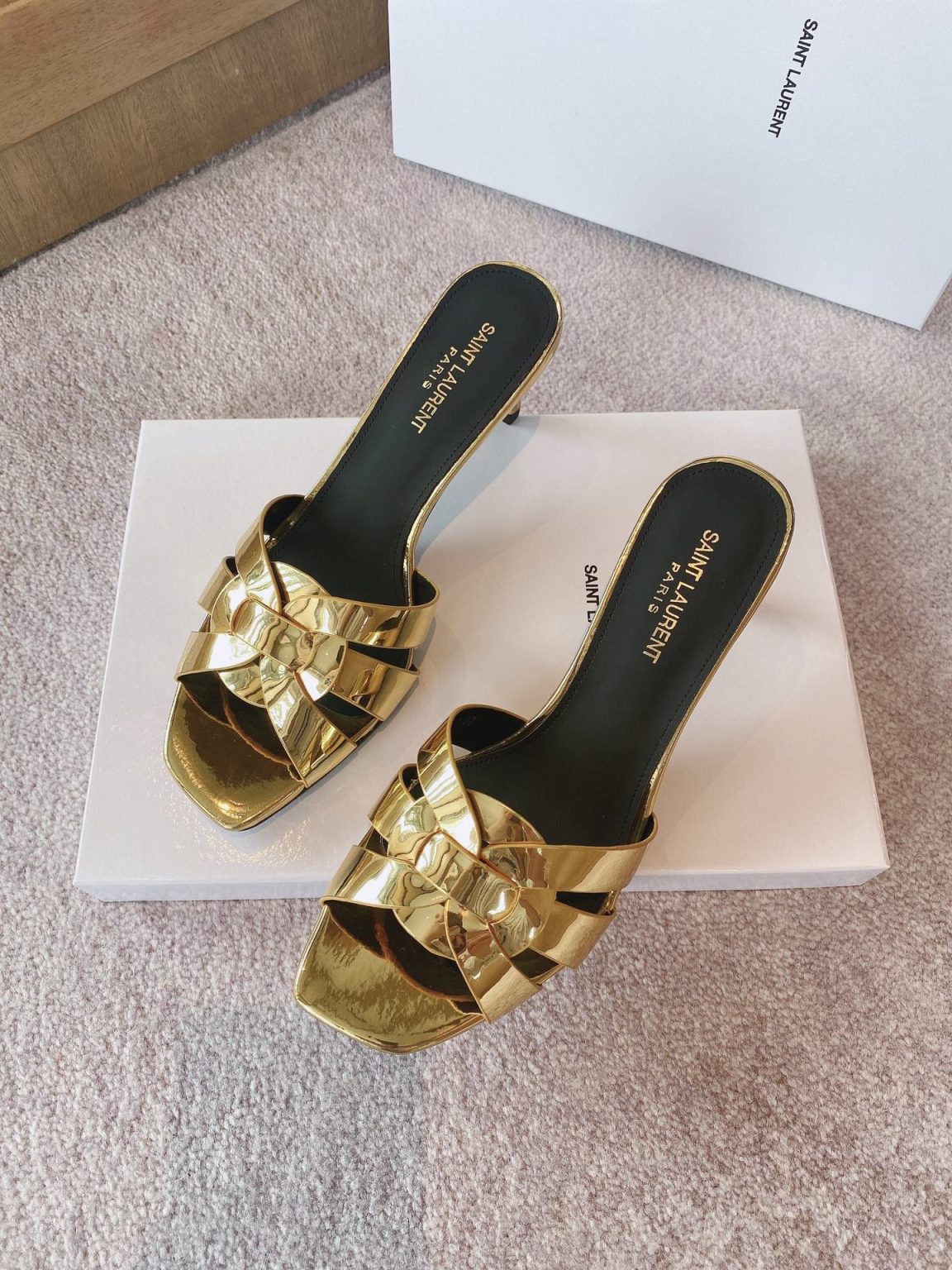 Saint Laurent Women’s Tribute Heeled Mules Gold For Women YSL