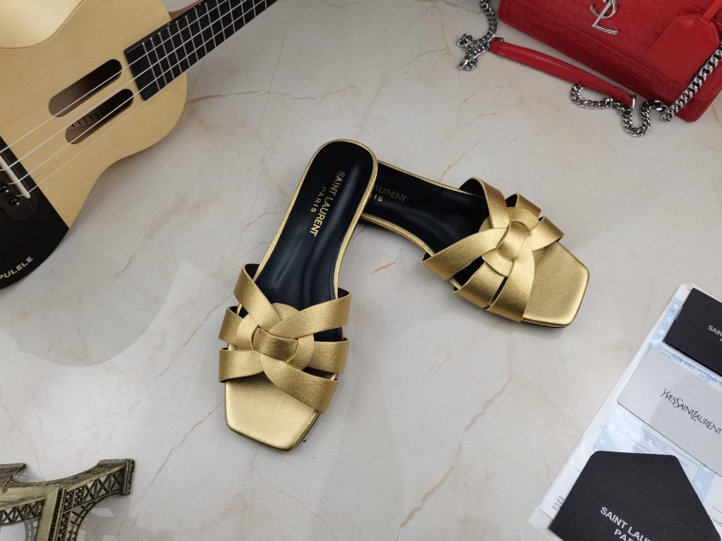 Saint Laurent Women’s Tribute Flat Mules Gold For Women YSL