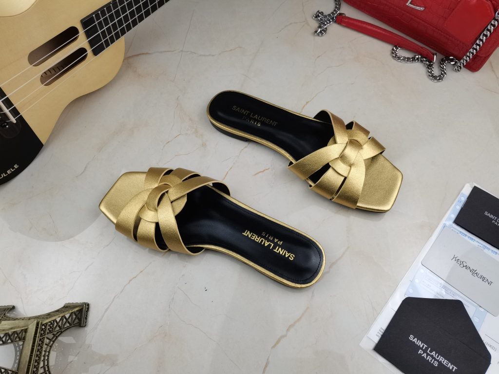 Saint Laurent Women’s Tribute Flat Mules Gold For Women YSL