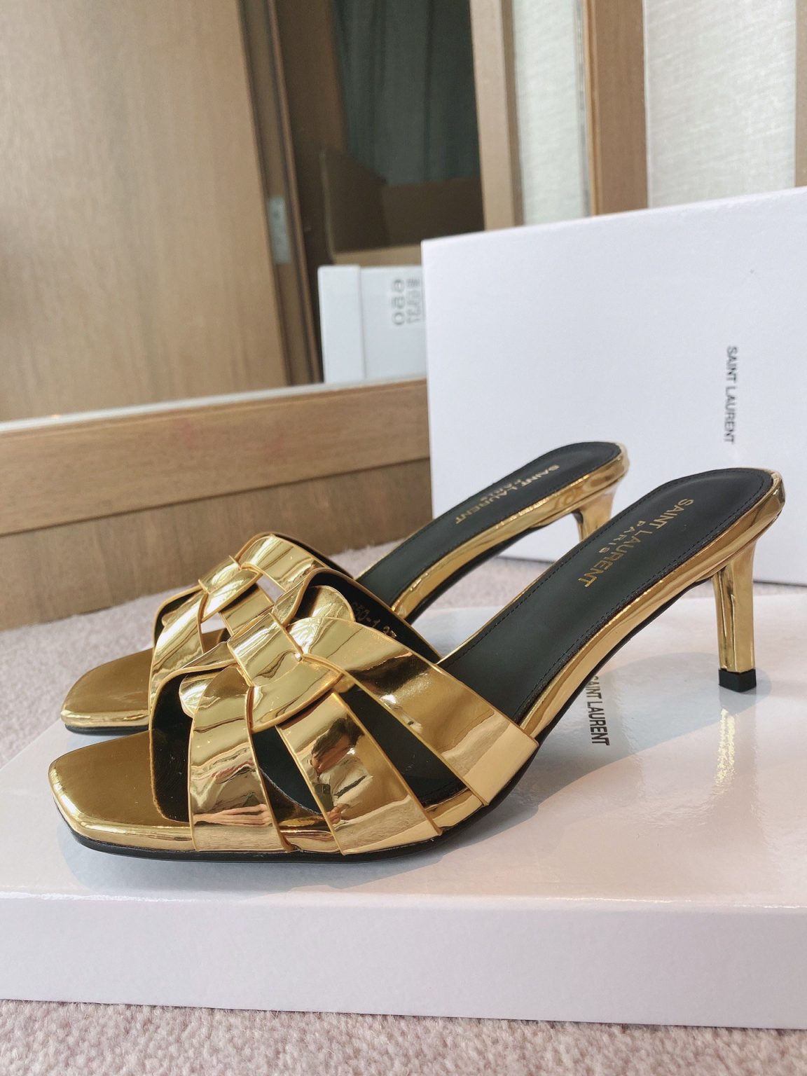 Saint Laurent Women’s Tribute Heeled Mules Gold For Women YSL